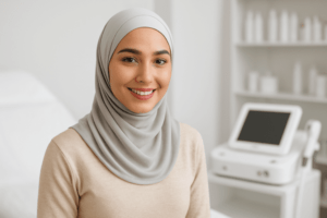 زن جوان با پوشش اسلامی در کلینیک زیبایی، مناسب برای مقاله جدیدترین روش‌های جوانسازی پوست